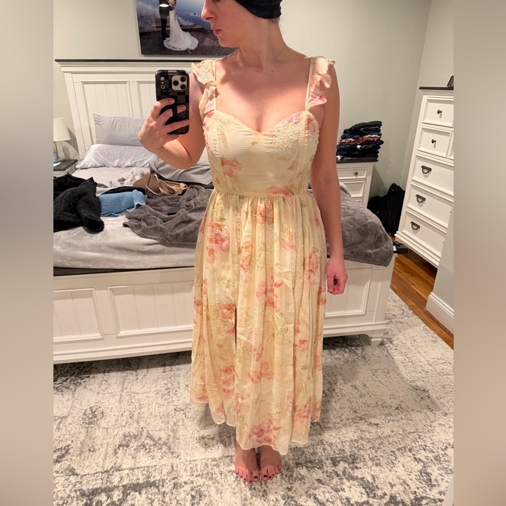 Lulu's Cream and Pink Floral Midi Dress